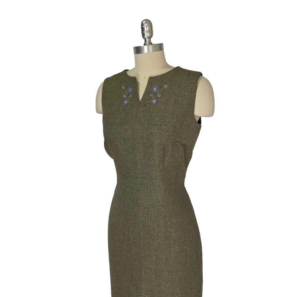 Vintage Y2K Tweed Midi Dress Size 12P Green Floral Career Corporate Sleeveless - Picture 3 of 7
